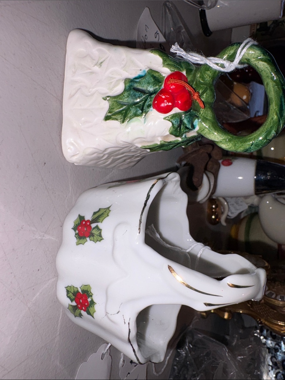 Vintage Lefton Holly Christmas, bell and small ceramic baskets with gold gilding